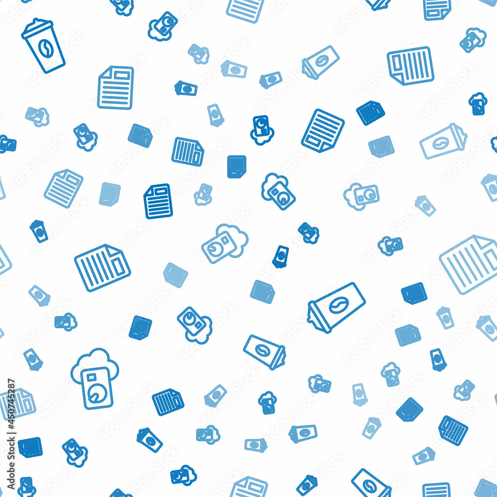 Aufkleber set line cloud database, coffee cup to go and file document on seamless pattern. vector