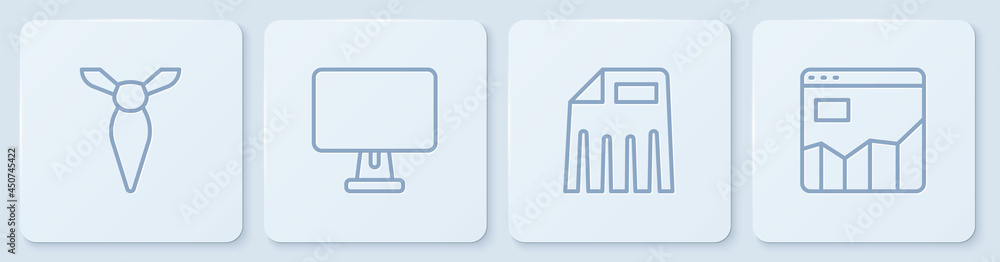 Poster set line tie, paper shredder, computer monitor and graph chart infographic. white square button. vec
