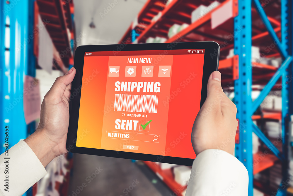 Poster warehouse management innovative software in computer for real time monitoring of goods package deliv