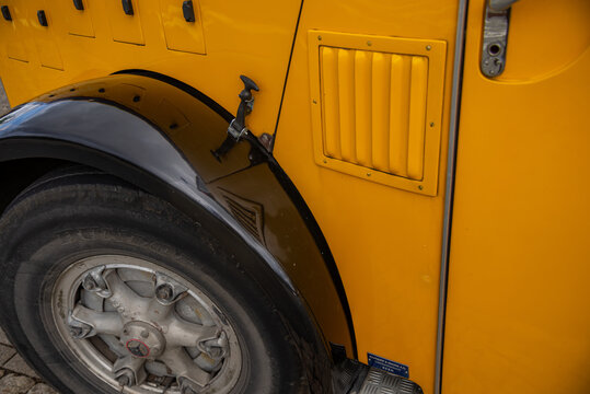 Vintage Swiss Saurer post buses, decorated with flowers for a wedding - post buses operate since 1906.