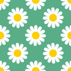 Fototapeta premium Abstract cute white Chamomile flower in flat style seamless pattern. Floral Daisy meadow Polka dot background on green. Wrapping paper, textile, fabric.