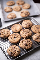 traditional chocolate chip cookie on cooking pan