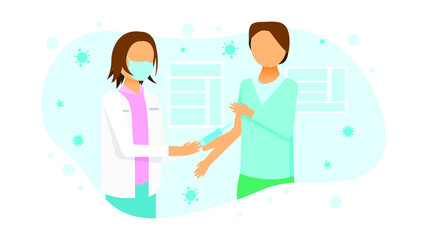 Abstract Flat Medic Woman Vaccinates Patient And They Are Both Wearing Masks Cartoon People Character Concept Illustration Vector Design Style Coronavirus COVID-19 Mass Vaccination Healthcare Epidemic