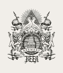 Hand-drawn coat of arms for brewery in vintage style on an old paper background. Black and white vector beer emblem with a wooden barrel, lions, flags, spears, peacocks, all-seeing eye and ribbon
