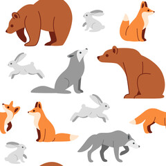 Simple seamless trendy line pattern with forest animal - fox, hare, bear, wolf. Cartoon vector illustration.