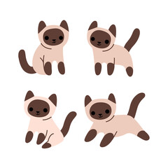 Siamese cat icon set. Cartoon kitty in various poses. Vector illustration for prints, clothing, packaging, stickers.