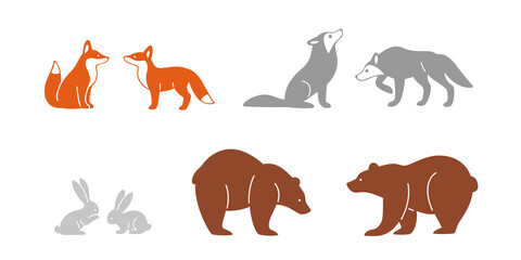 Icon set of forest animals. Cartoon silhouette of hare, fox, bear and wolf. Flat design illustration in cartoon style.