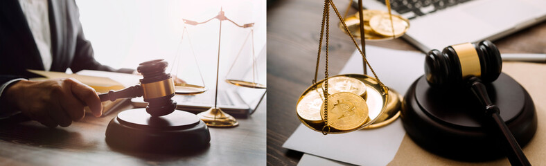 justice and law concept.Male judge in a courtroom on wooden table and Counselor or Male lawyer...
