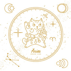 Modern magic witchcraft card with astrology Aries zodiac sign. Cartoon zodiac sign. Funny cat