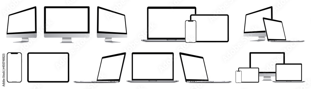 Poster realistic mockups of technology devices with empty screens set : laptop computer, monitor, smartphon