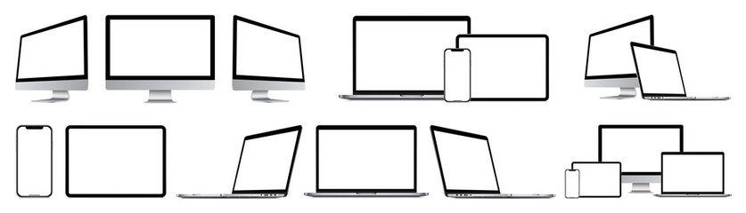 Realistic mockups of technology devices with empty screens set : Laptop computer, monitor, smartphone, tablet. Device mockup collection with shadow. Big set mock-up display, vector illustration. - obrazy, fototapety, plakaty