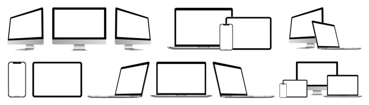 Realistic mockups of technology devices with empty screens set : Laptop computer, monitor, smartphone, tablet. Device mockup collection with shadow. Big set mock-up display, vector illustration.