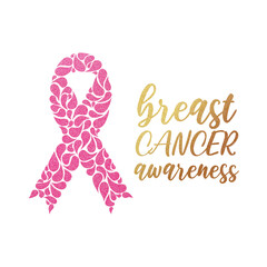 Breast cancer pink ribbon awareness with pink and gold glitter illustration