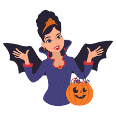 Avatar of a caucasian woman with halloween pumpkin dressed as a vampire. Flat style Illustration
