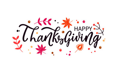 Happy Thanksgiving handwritten text isolated on white background. Modern brush ink calligraphy. Vector colorful illustration, hand lettering. Greeting holiday design for print, card, banner, poster