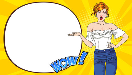 surprised woman wow gesture presenting something with speech bubble