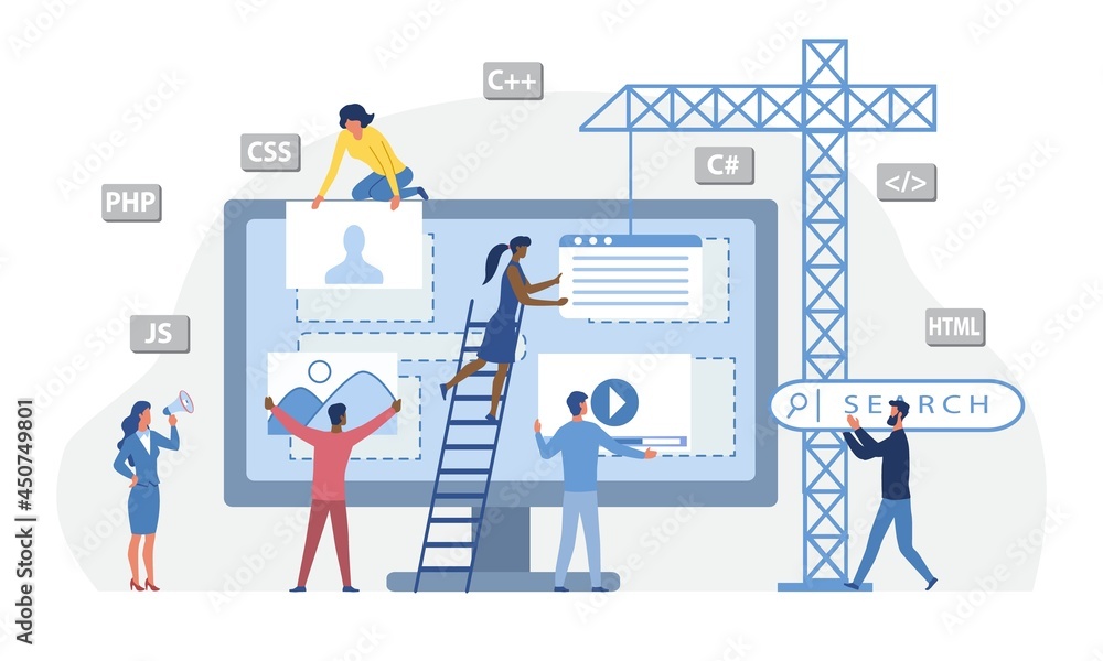 Poster group of male and female characters are developing a website by filling it with design information. 