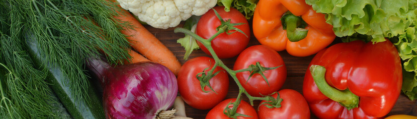 Colorful set organic food. Fresh raw vegetables. Healthy vegetarian food.Vegetarian eating concept.Top view.Flat lay. Banner