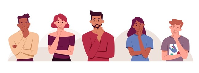 Male and female characters standing and thinking together on white background. Concept of people wondering or thinking, planning or pondering and holding hand by chin. Flat cartoon vector illustration