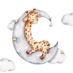 Cute little giraffe sleeping on grey moon; watercolor hand drawn illustration; with white isolated background - obrazy, fototapety, plakaty