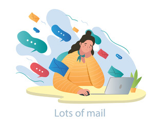 Young stressed female characters is overloaded with work mail on white background. Concept of dazed people suffering from huge amount of media information. Flat cartoon vector illustration