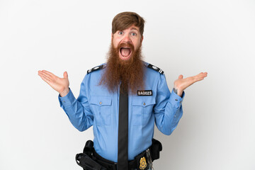 Redhead police man isolated on white background with shocked facial expression