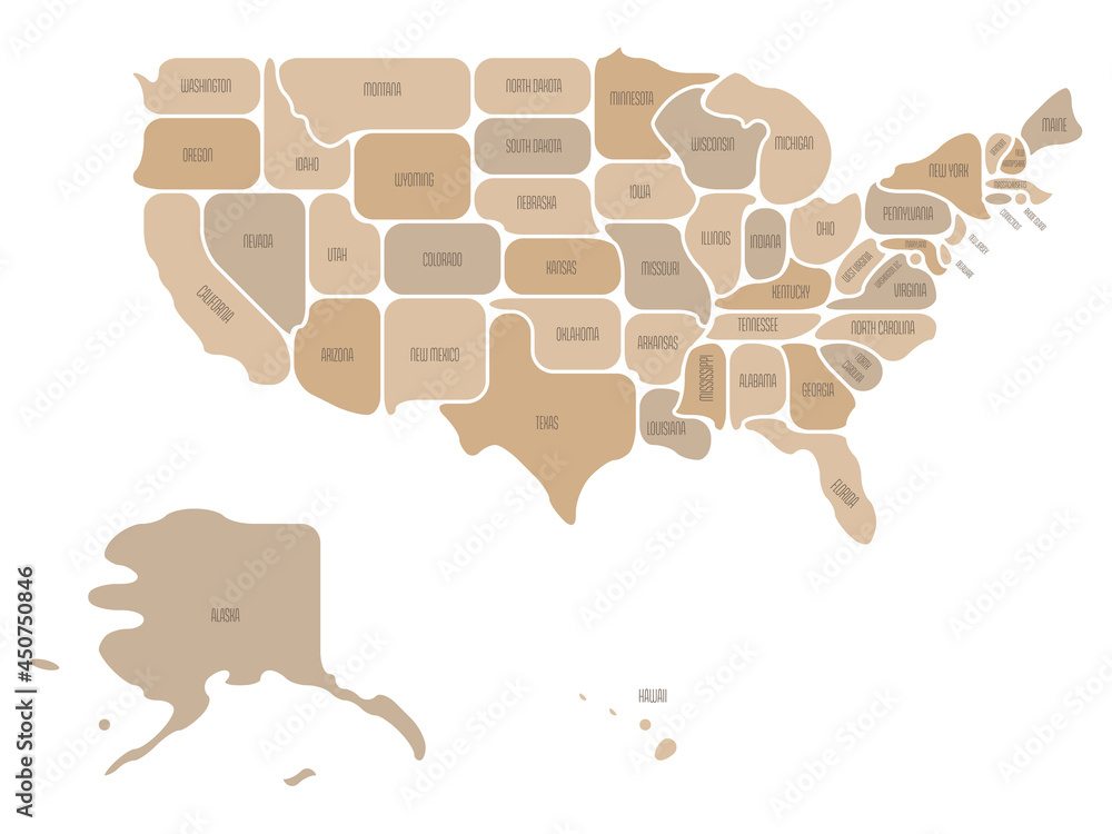 Poster simplified map of usa, united states of america. rounded shapes of states with smooth border. simple