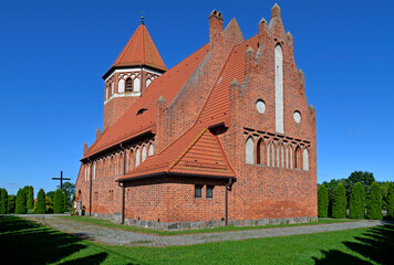 Built in 1904, the Catholic Church of M.B. Gromniczna in the village of Wiśniowo Ełckie in Masuria, Poland. The photos show architectural details and a general view of the temple.