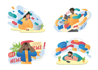 Set of stressed and overwhelmed male and female characters overloaded with media information from internet and social networks. Dazed people on white background. Flat cartoon vector illustration