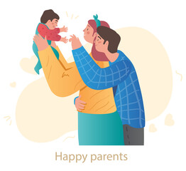 Young couple is holding newborn baby up above on white background. Happy family is showing love and devotion to baby. Parents and kids embracing each other. Flat cartoon vector illustration