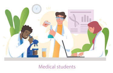 Cheerful male and female students of medical school studying together in lab on white background. Group of scientists use microscope and test tubes for chemical tests. Flat cartoon vector illustration