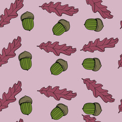 vector illustration seamless pattern oak leaves and acorn on gray background,for wallpaper and furniture