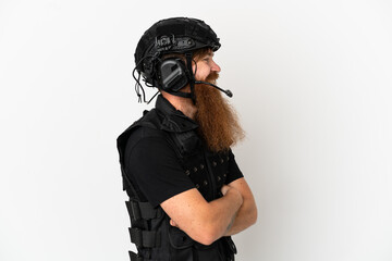 Redhead SWAT isolated on white background in lateral position