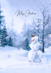 Watercolor Merry Christmas card with snowman. Snowy forest background. Winter woods scene. Evergreen trees, fir and snow scene