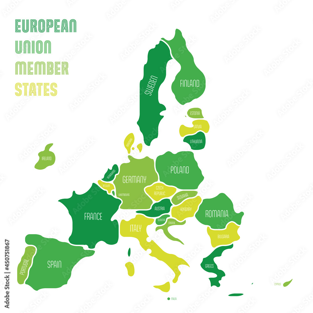 Poster simplified map of eu, european union. rounded shapes of states with smoothed border. green simple fl