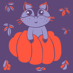 halloween, halloween costume, halloween party, raccoon, kitten, in a costume, with a pumpkin, and heart leaves, costumes for kids, print for kids, print for textiles, print on wallpaper, print on chil