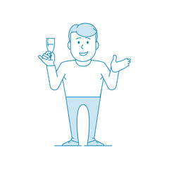 Character - a man holds a glass of wine in his hand. Says a toast, congratulates, welcomes. Office worker in a shirt with a tie. Illustration in line art style. Vector