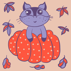 halloween, halloween costume, halloween party, raccoon, kitten, in a costume, with a pumpkin, and heart leaves, costumes for kids, print for kids, print for textiles, print on wallpaper, print on chil
