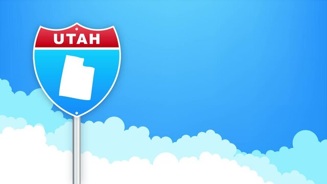 Utah map on road sign. Welcome to State of Utah. Motion graphics.