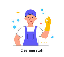 Smiling male cleaning company staff member is showing okay gesture in gloves on white background. Concept of people enjoing working in cleaning services. Flat cartoon vector illustration