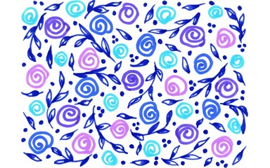 Colored pattern of flowers and leaves of blue, blue, purple, pink on a white background for printing on textiles and paper