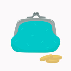 Purse with coins. Wallet flat design. Vector illustration handbag with coins icon.