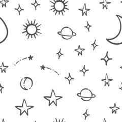 Stars, planets and moons seamless pattern. Hand drawn sky element doodles. Background texture. Space, universe and cosmos.