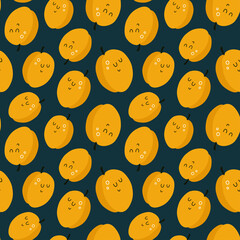Fototapeta premium vector seamless cute pattern with cartoon apricots. it can be used as wallpaper, poster, print for clothes, fabrics, textiles, notebooks, packaging paper. food background.