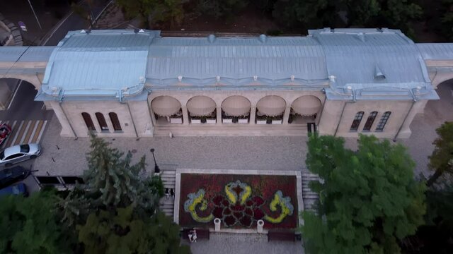 Flight on a quadcopter over an ancient estate at sunset in Pyatigorsk.