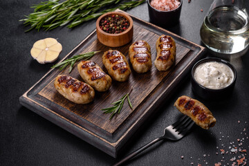 Grilled sausage with the addition of herbs and vegetables on the dark background
