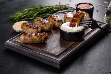 Grilled sausage with the addition of herbs and vegetables on the dark background