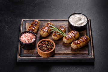Grilled sausage with the addition of herbs and vegetables on the dark background