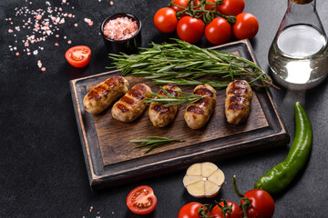 Grilled sausage with the addition of herbs and vegetables on the dark background