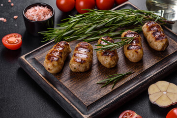 Grilled sausage with the addition of herbs and vegetables on the dark background